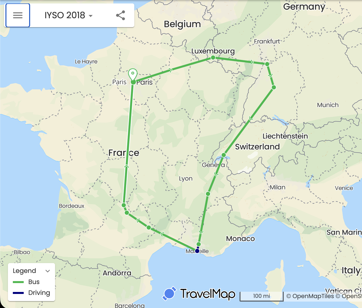 Map tracing the 2018 orchestra tour through France, Luxembourg, Germany, Switzerland, and southern France